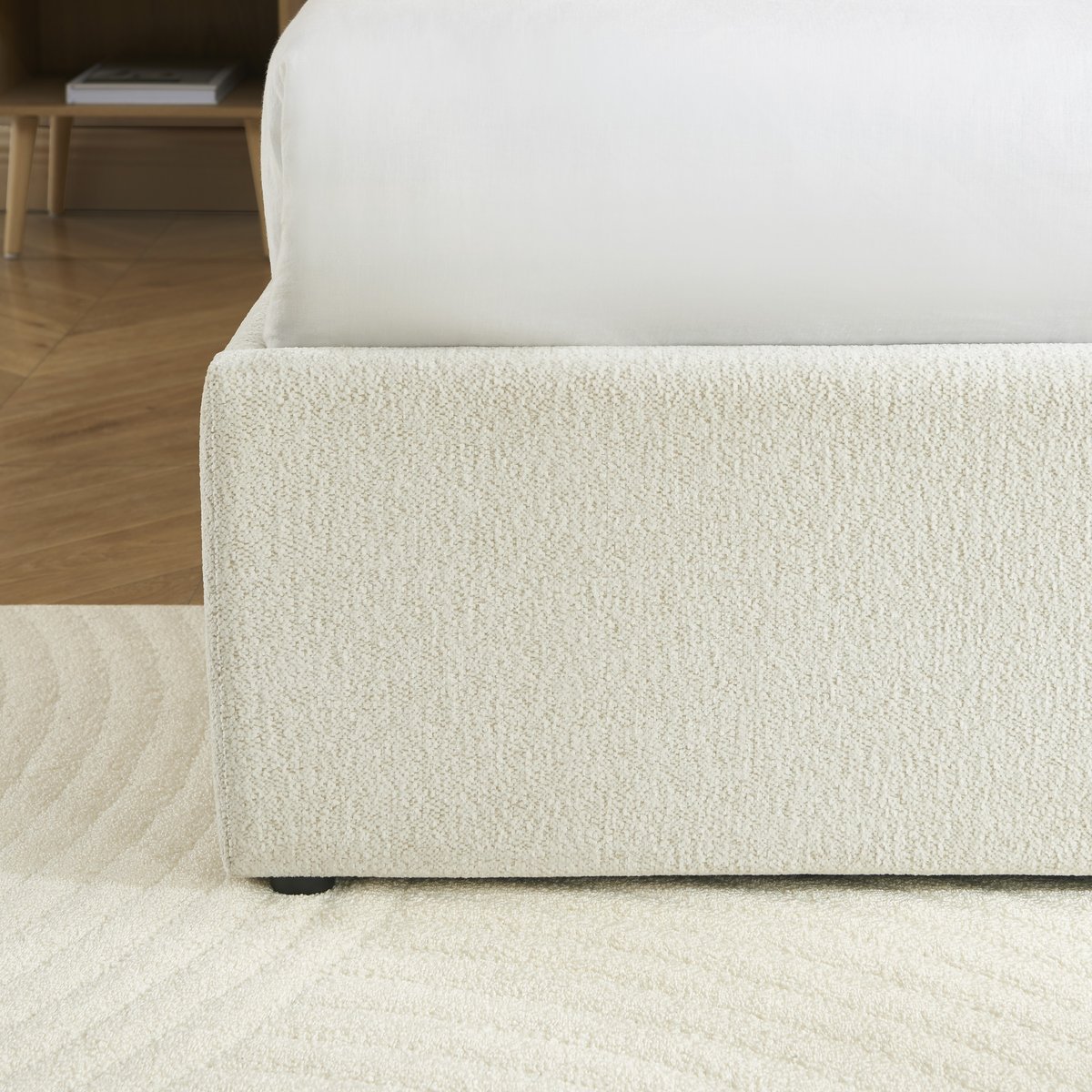 Lit coffre tissu chenille avec sommier GELA ecru, BAÏTA