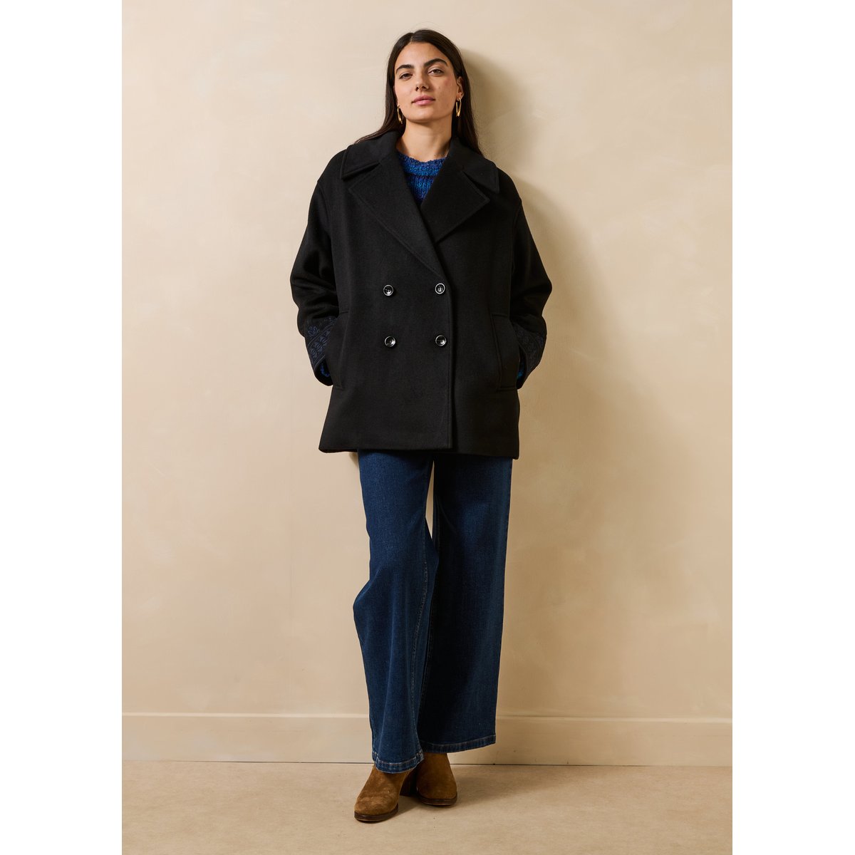 Manteau caban ample en laine noir/bleu, LA FEE MARABOUTEE