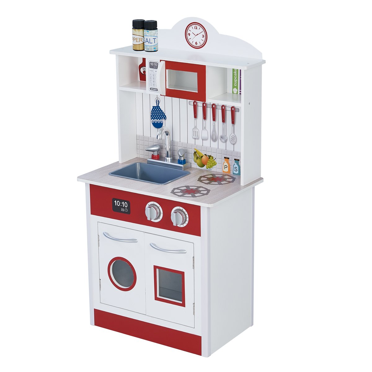 Cuisine Enfant avec évier, four et rangements, Bois, LITTLE CHEF rouge, TEAMSON KIDS