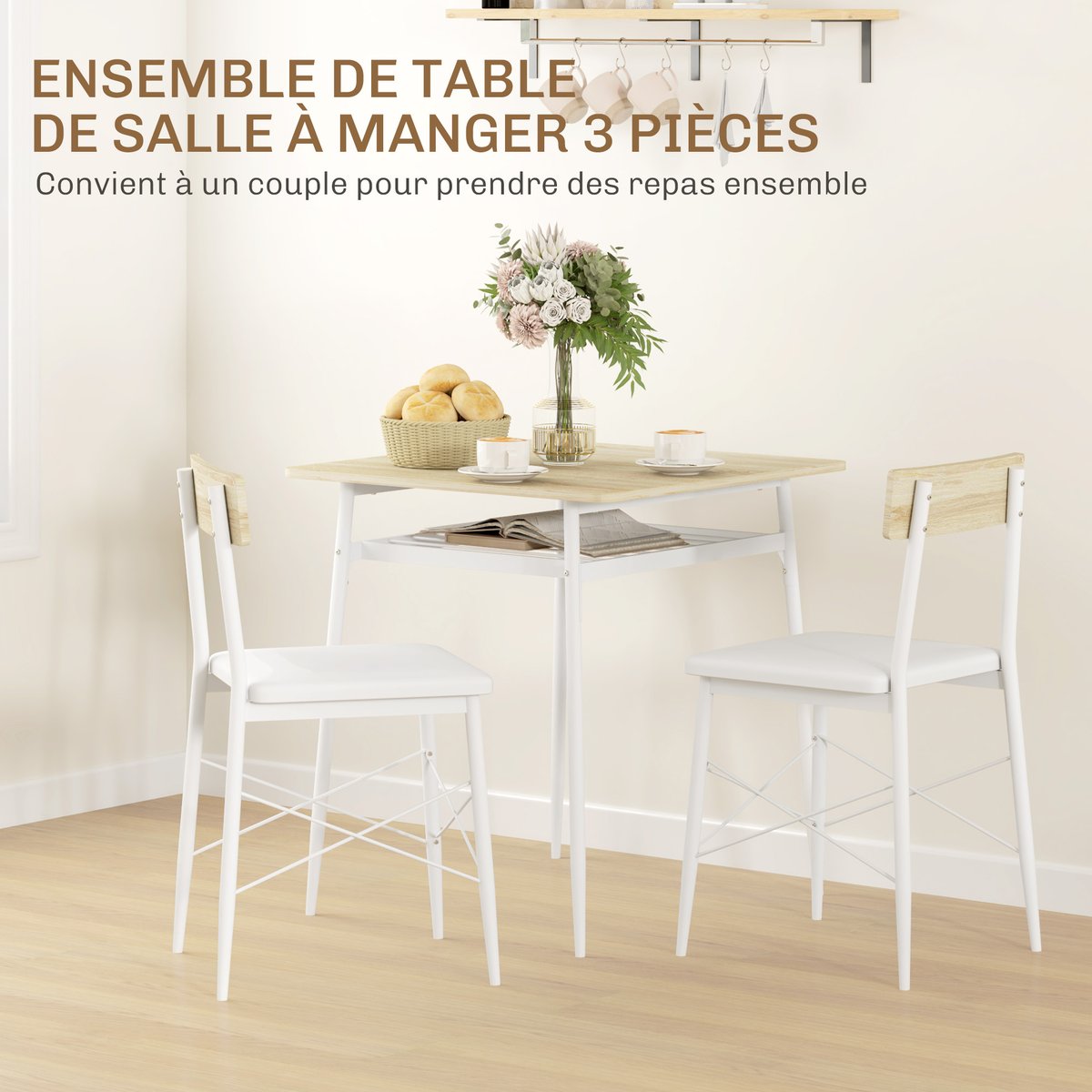 Ensemble de table à manger Acier Chêne chêne, blanc, HOMCOM