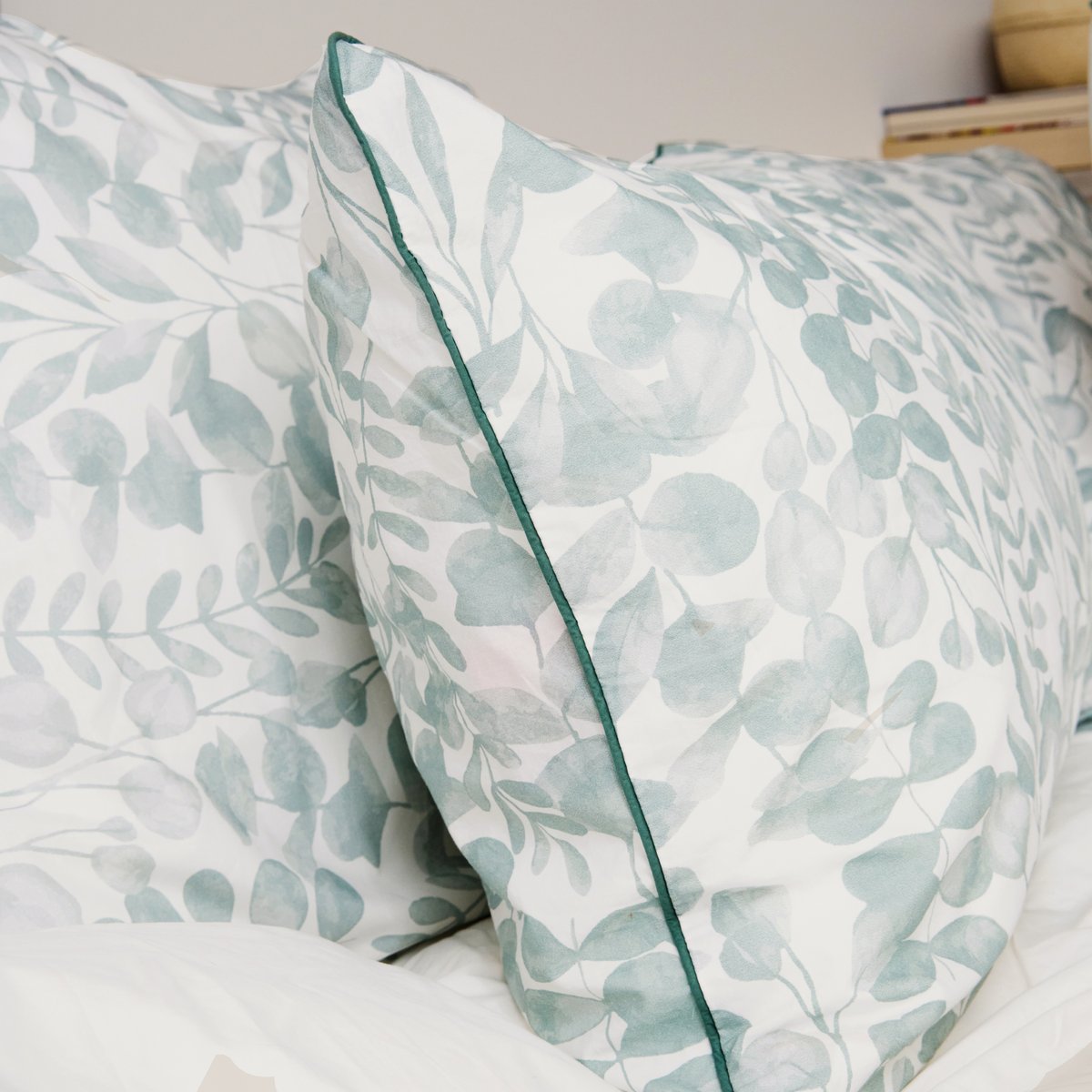 Lot de 2 taies d'oreiller en percale de coton lavé, HERBIER céladon, BLANC CERISE