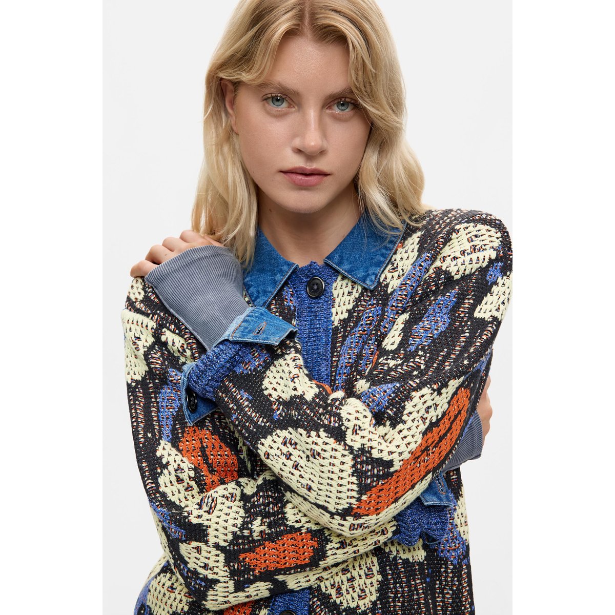 Veste jacquard détails denim bleu, DESIGUAL