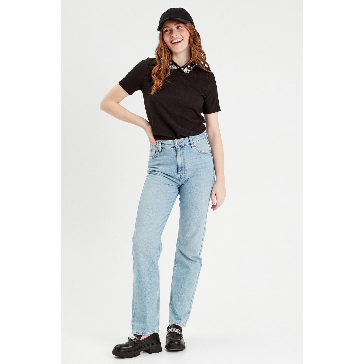Jeans droit taille haute denim double stone, CACHE CACHE