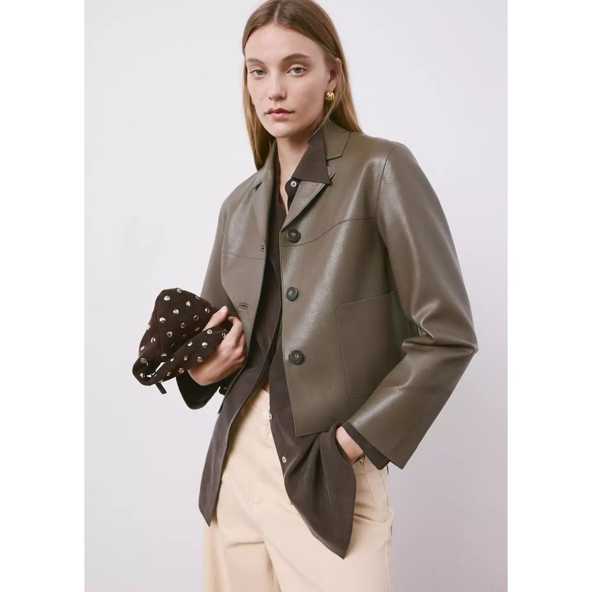 Veste cuir synthétique poches olive, MANGO