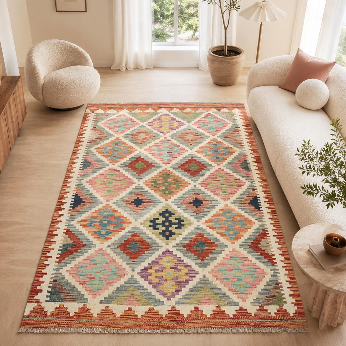 Tapis kilim au motif géométrique, tissage plat, KILIM 44 multicolore, bleu, rouge, UN AMOUR DE TAPIS