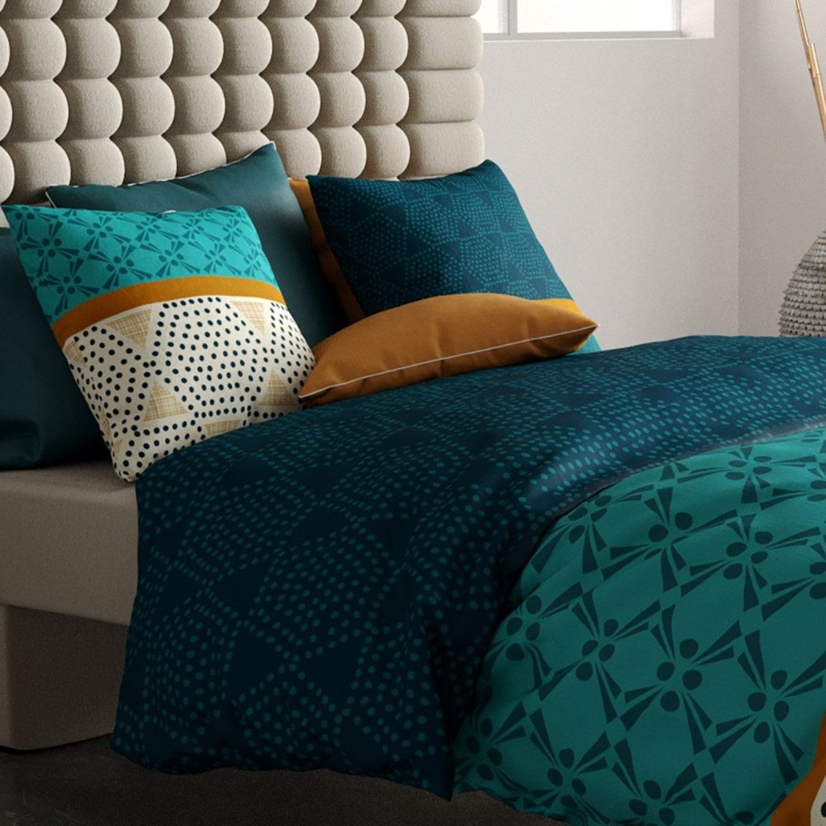 Housse de couette 260x240 + 2 taies coton 57 fils bleu, DECORATIE