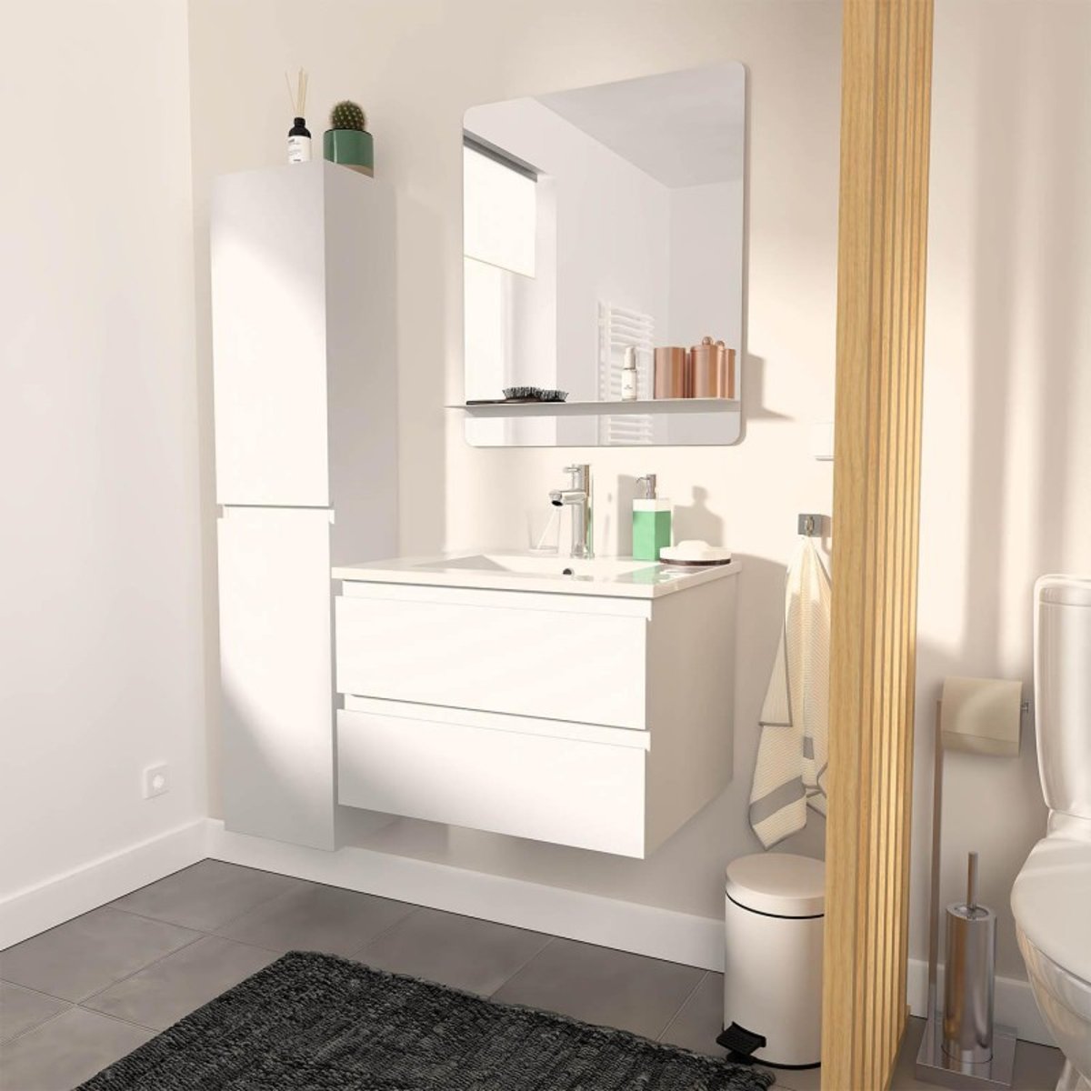 Meuble simple +vasque+miroir+colonne SORRENTO blanc, MOB IN
