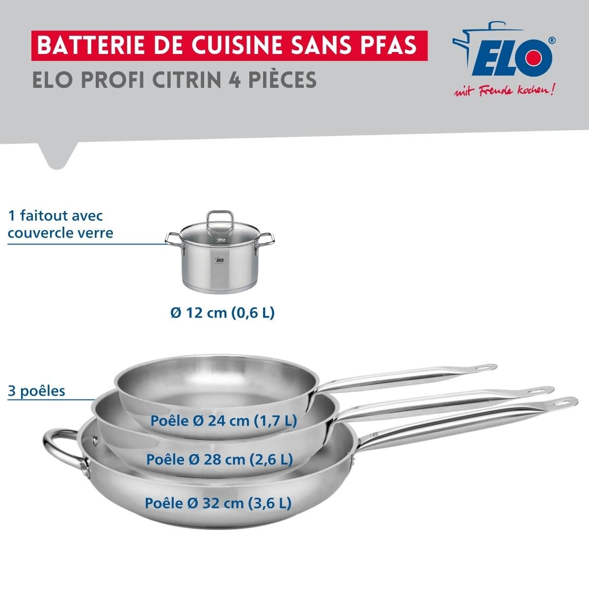 Batterie 3 poêles 24/28/32cm + 1 faitout 12cm PROFI CITRIN gris, ELO