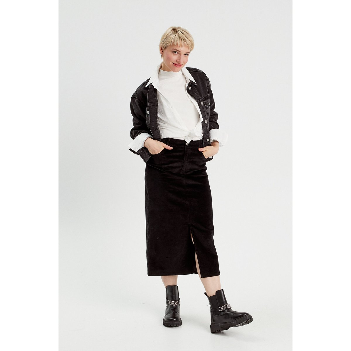 Jupe midi droite velours noir, CACHE CACHE