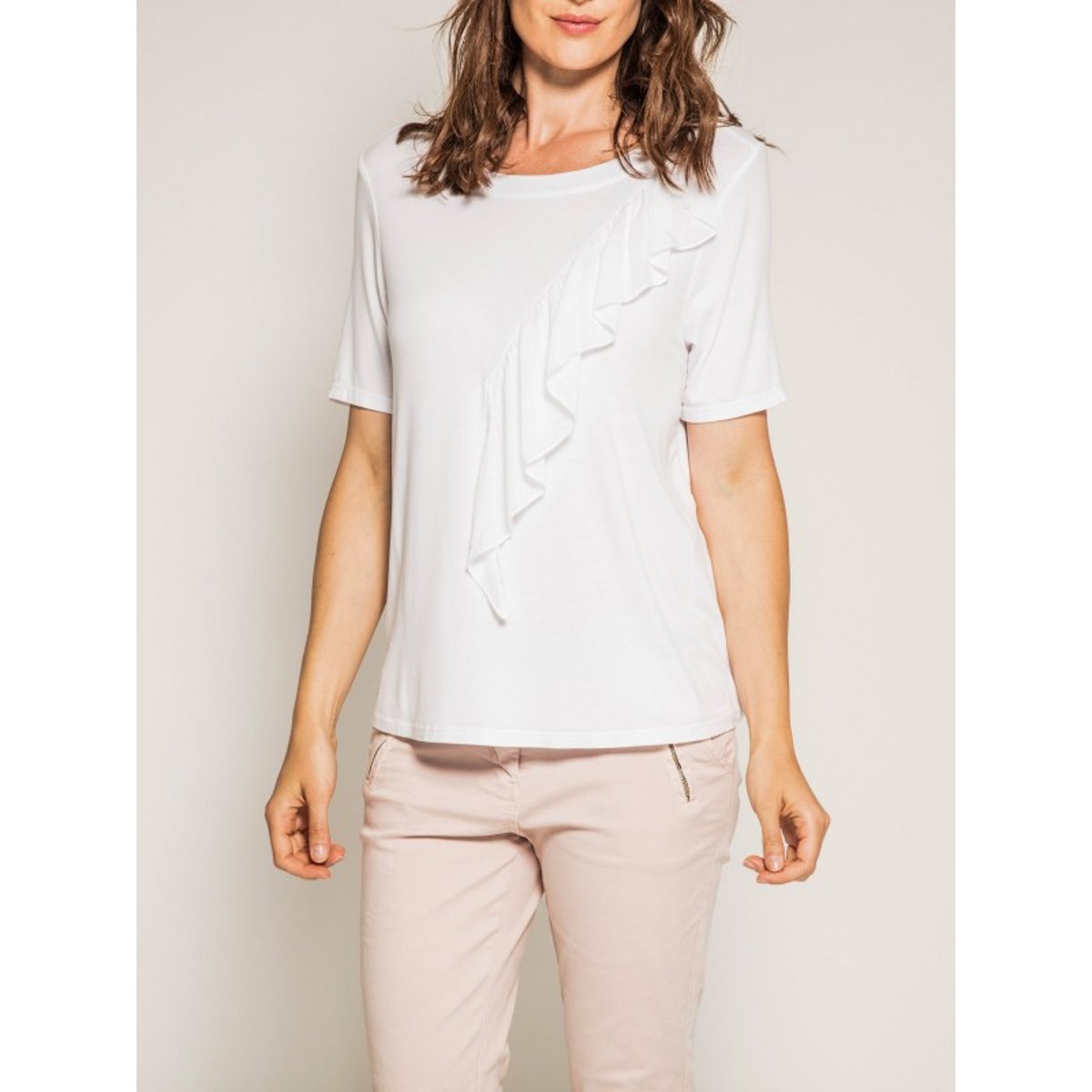 T-shirt Col Rond Avec Volant Firmini blanc, DONA LISA