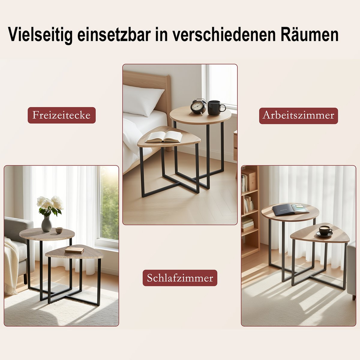 Lot de 2 tables basses gigognes Imitation bois style industriel, LAYA imitation chêne, MEUBLES COSY