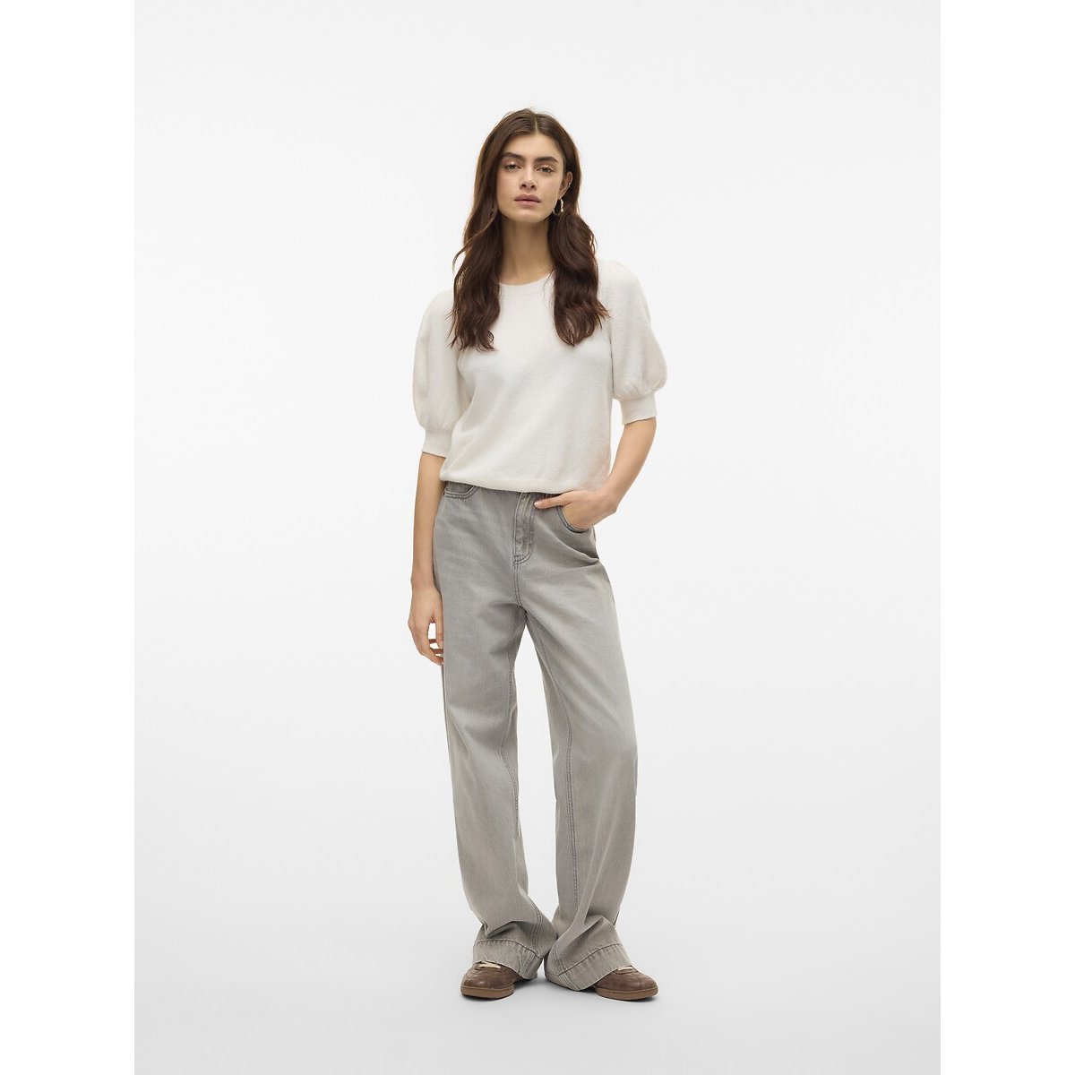 Pull girocollo con maniche 3/4 bianco, VERO MODA