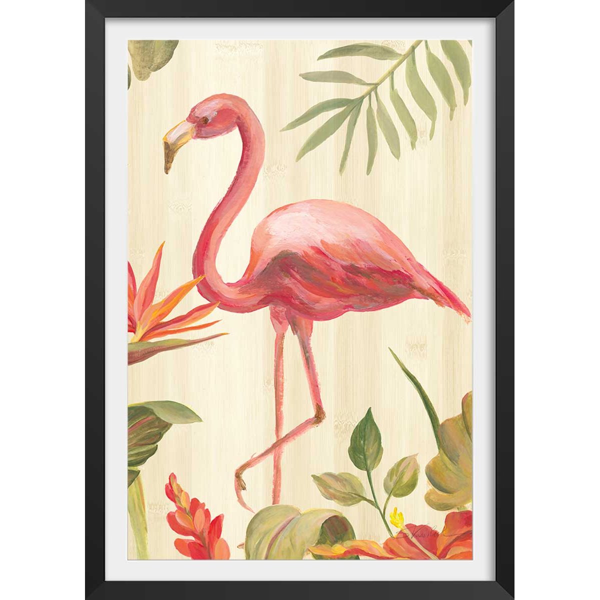 Poster Flamant rose tropical affiche + cadre en bois - noir, HEXOA