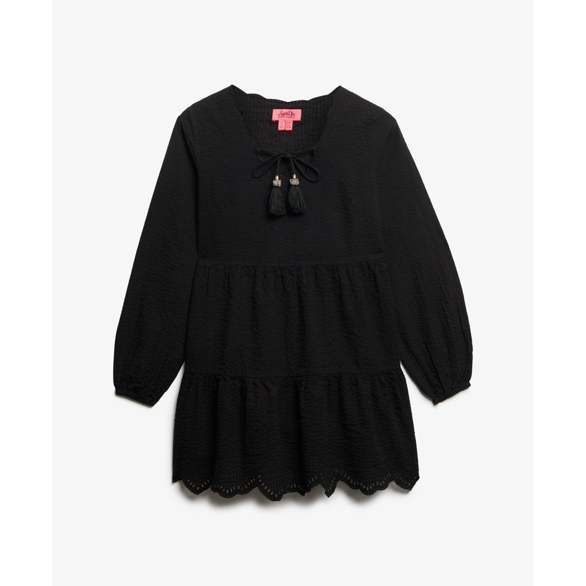 Robe courte brodée à plusieurs niveaux noir, SUPERDRY