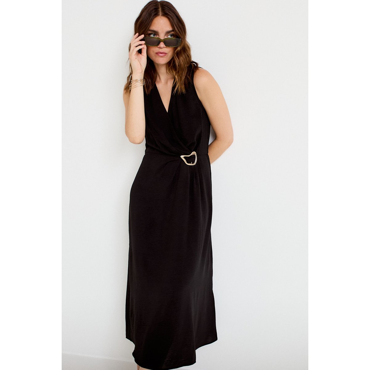 Robe droite 3/4 sans manches col v noir, CACHE CACHE