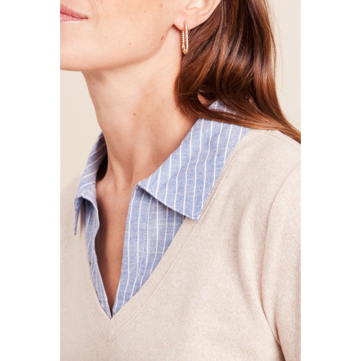 T-shirt effet 2 en 1 col chemise creme, BREAL