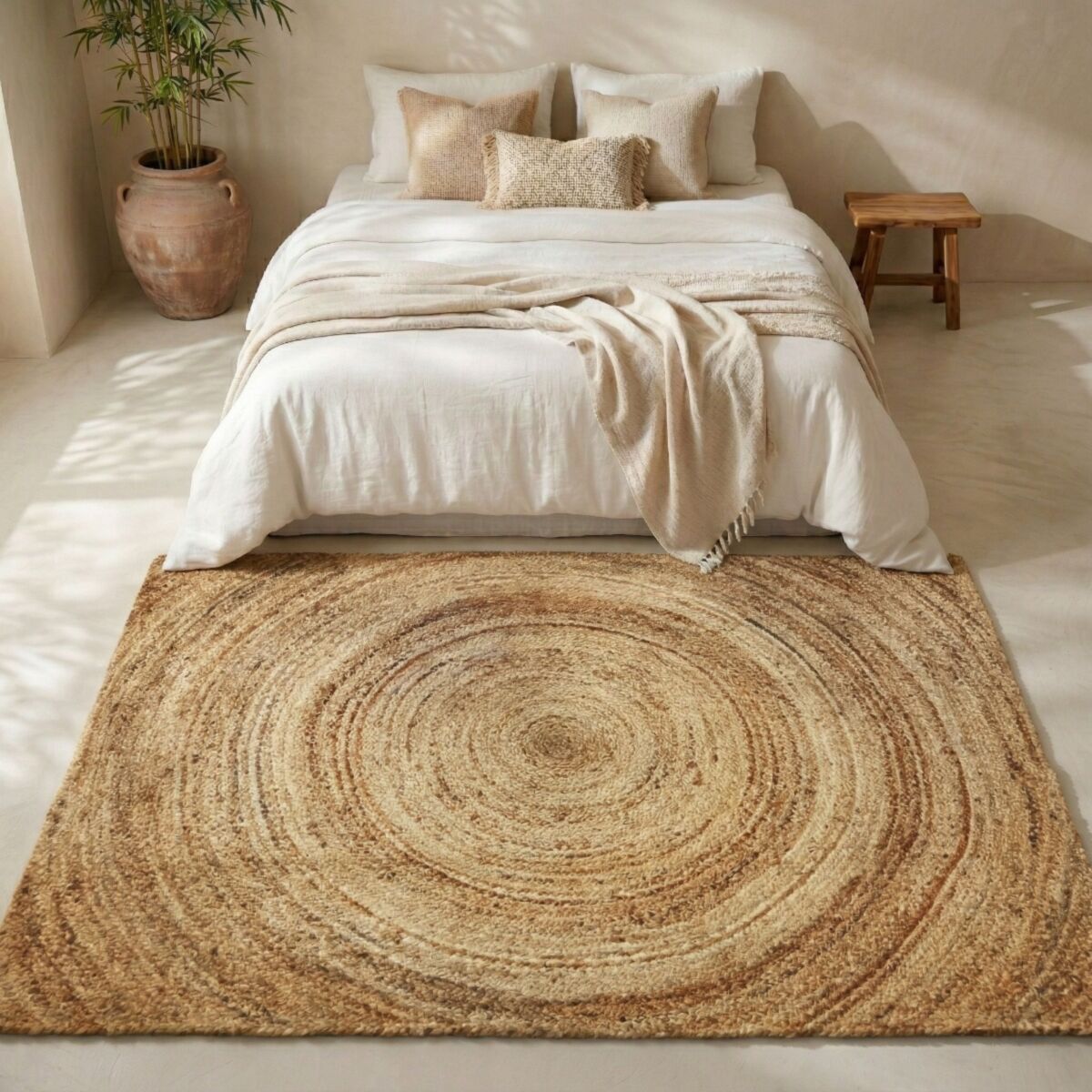 Tapis en jute tressé main lignes SUNNY JUTE - style bohème beige motif rond, THE DECO FACTORY
