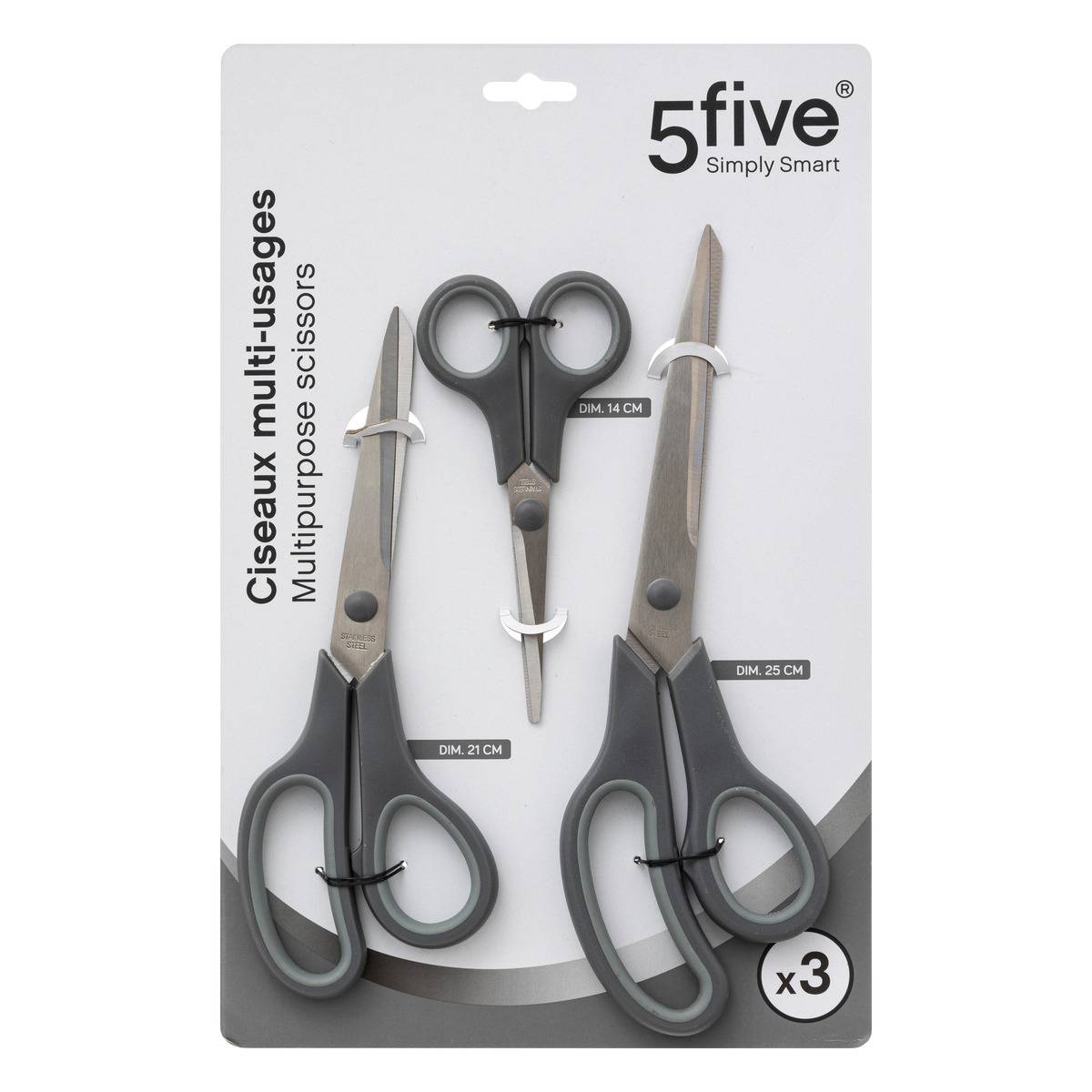 Set de 3 paires de ciseaux multi-usages gris, 5FIVE SIMPLY SMART