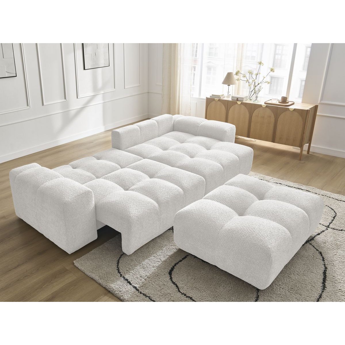Canapé d'angle convertible 5 places en tissu bouclette avec pouf, ANAKIN blanc, BOBOCHIC