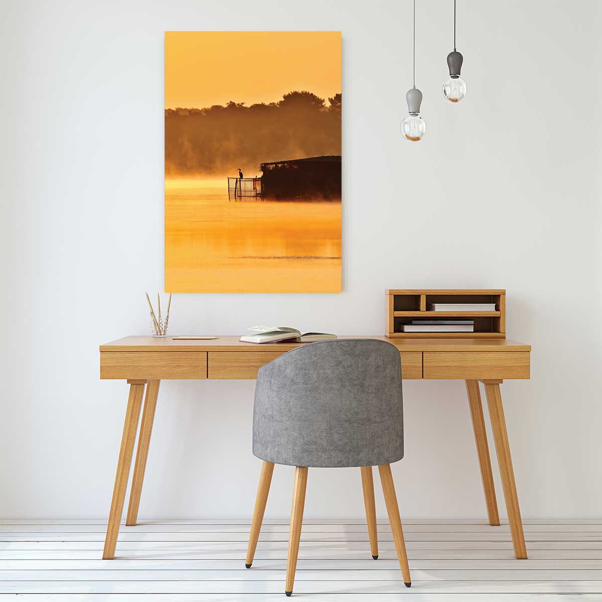 Tableau nature héron sur l'étang blanc tableau alu dibond, HEXOA