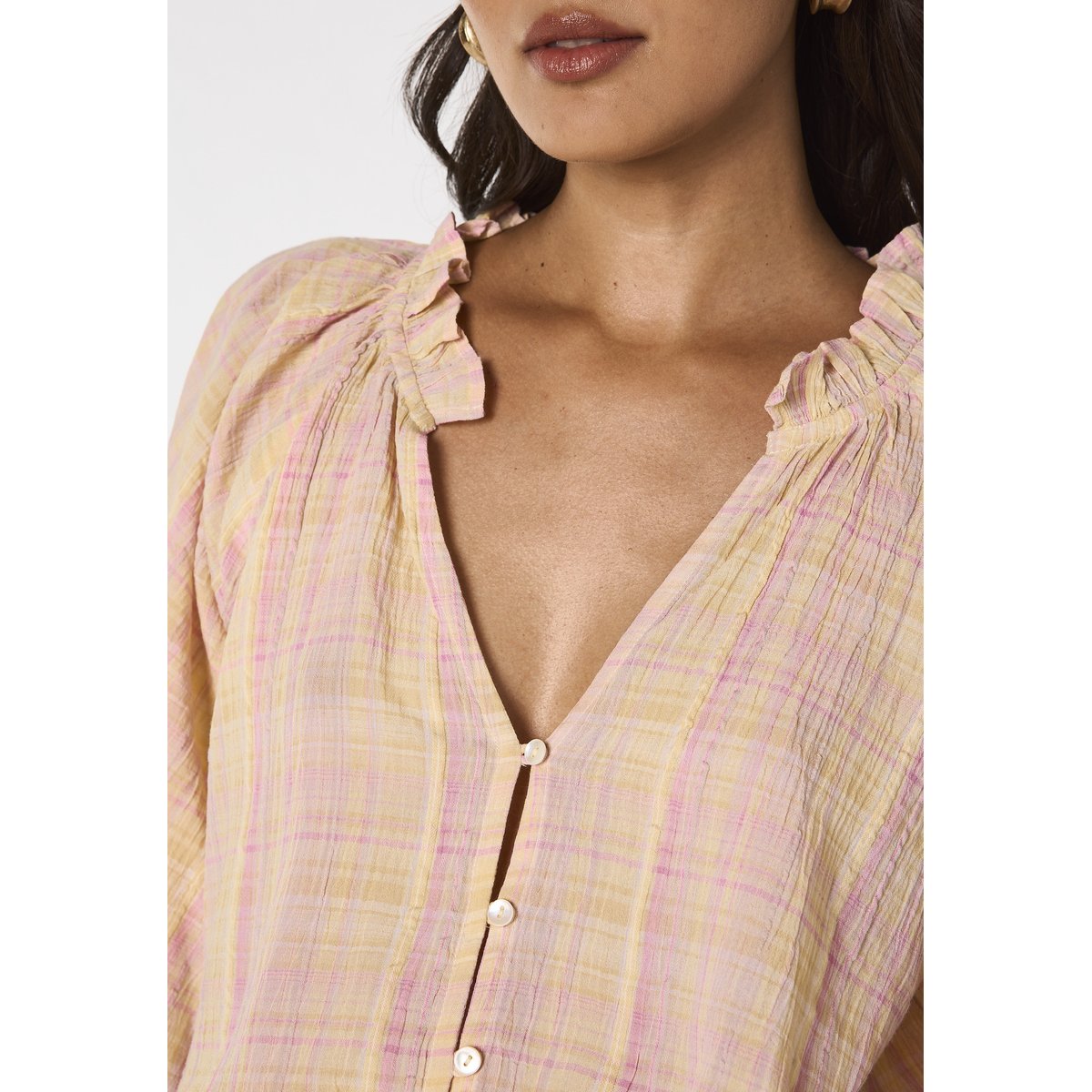 Blouse manches courtes à carreaux en coton MADDY paille, Maison 123