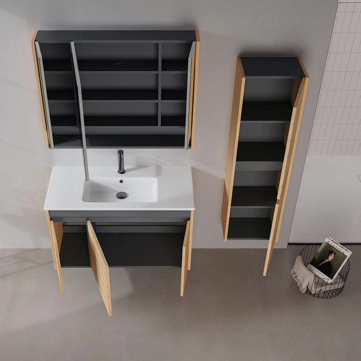 Meuble vasque suspendu 100 cm décor chêne 3 portes AÏGA bois naturel, PIER IMPORT