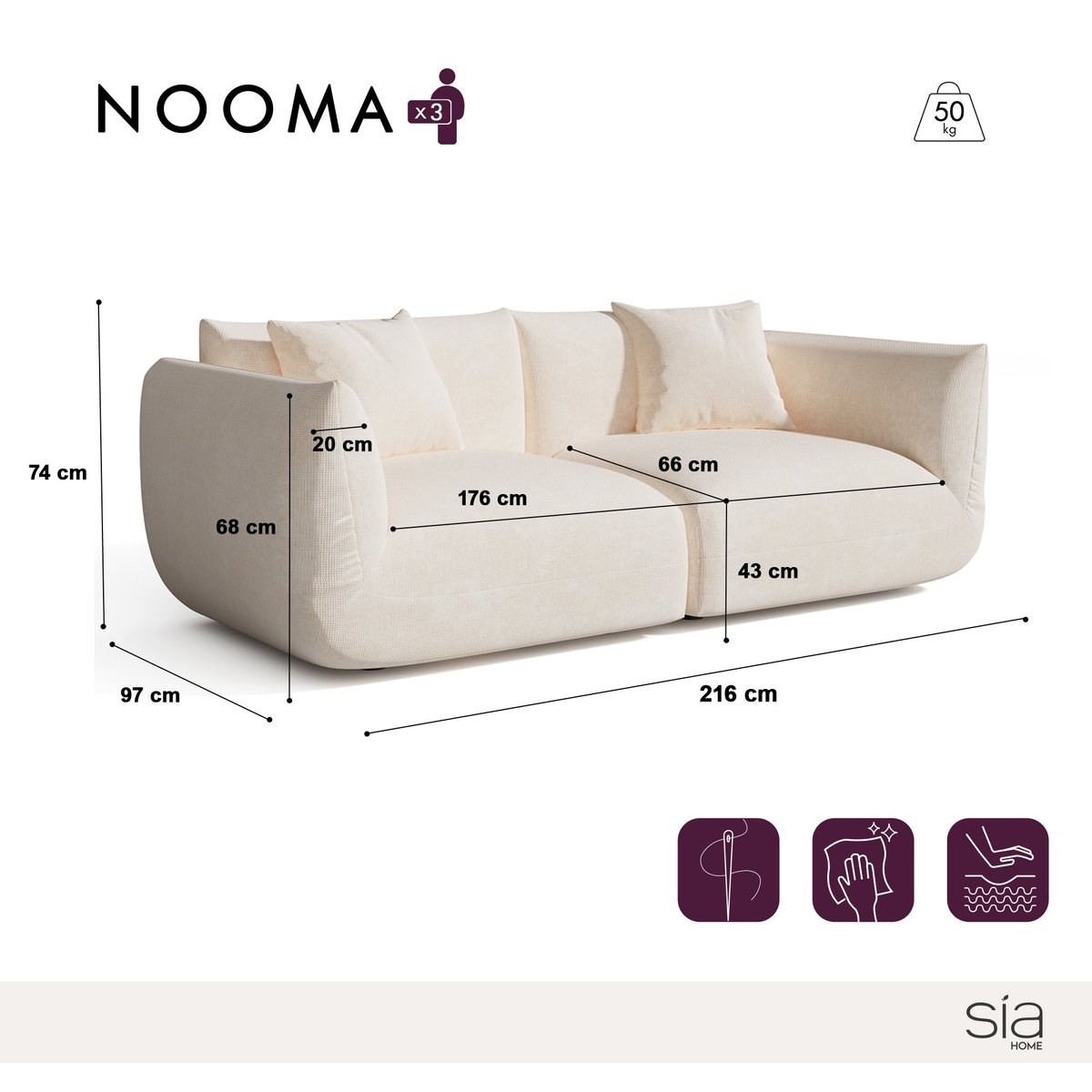 Canapé modulable 3 places en velours chenillé NOOMA crème, SIA HOME