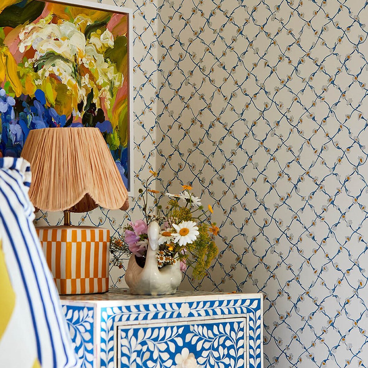 Daisy Trellis Lapis Pearl Wallpaper cream, HARLEQUIN X SOPHIE ROBINSON
