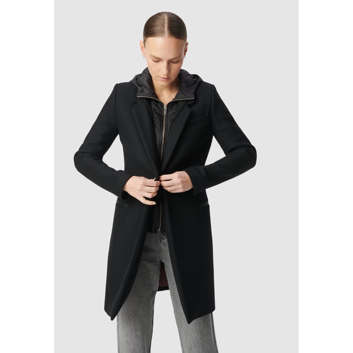 Manteau capuche en drap de laine noir, IKKS