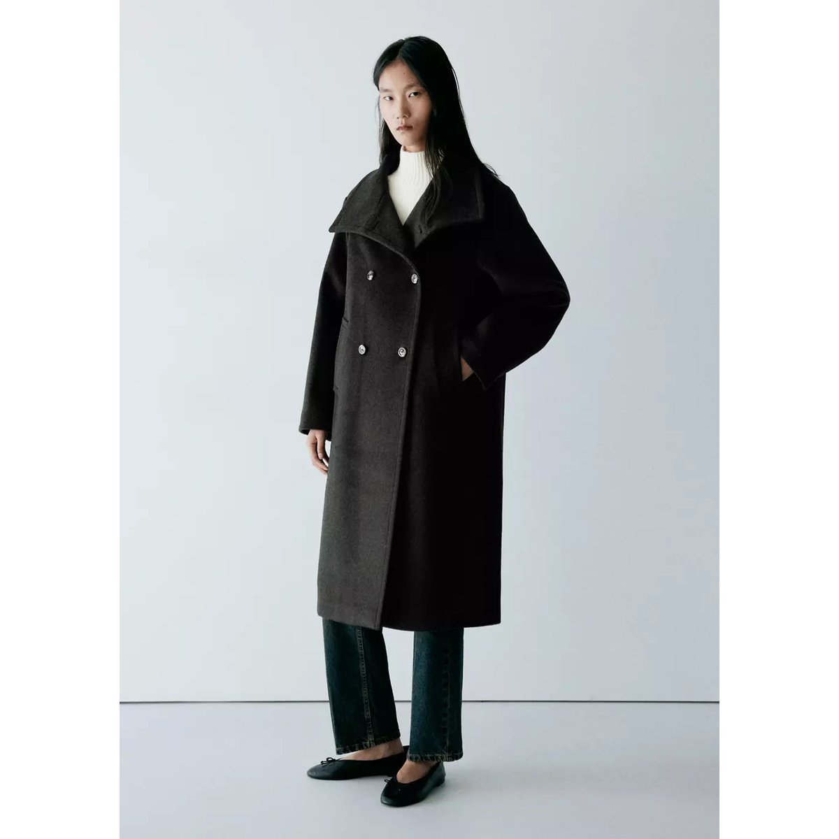 Manteau en mélange de laine à col cheminée gris chiné foncé, MANGO
