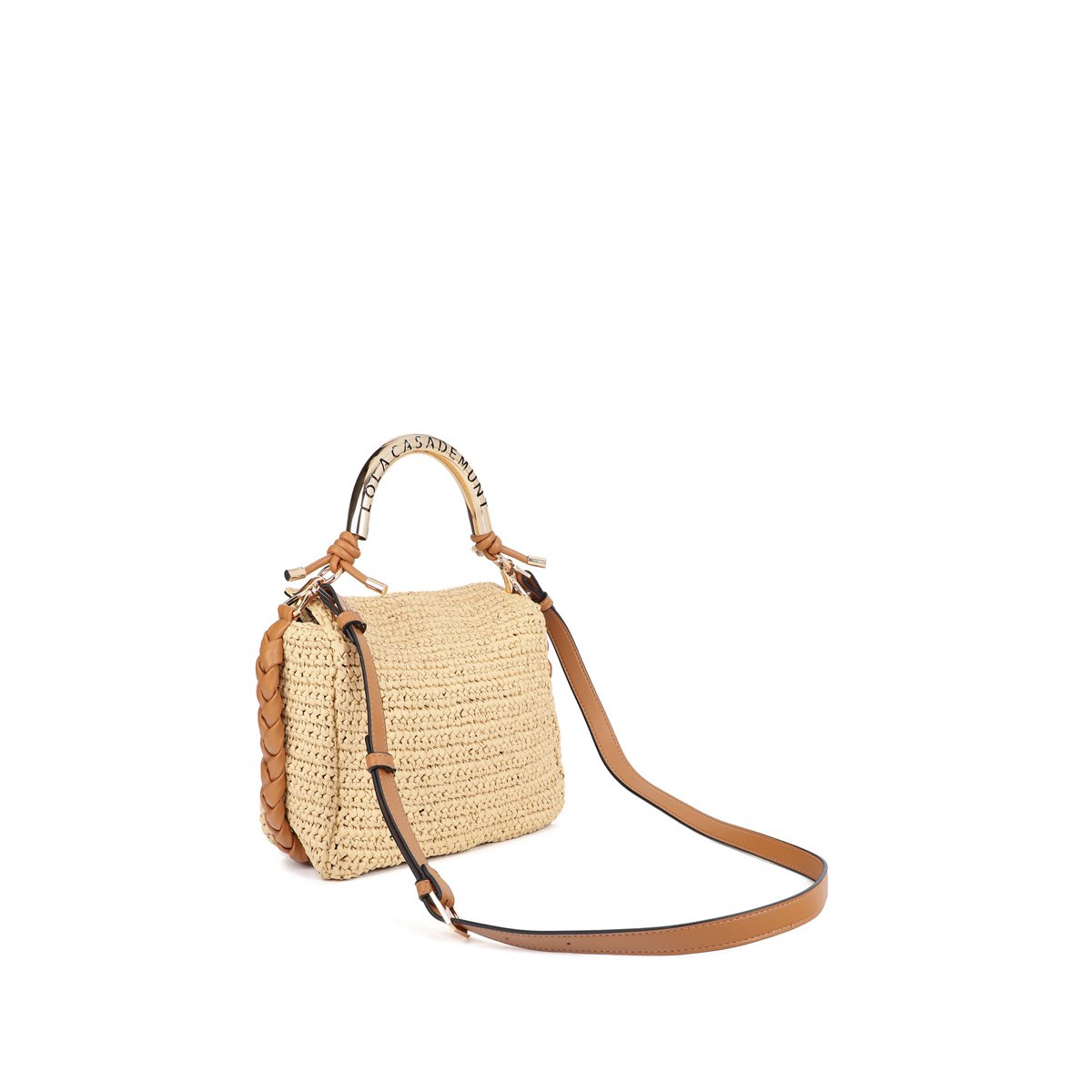Sac à bandoulière combiné effet raphia avec poignée logo beige clair, LOLA CASADEMUNT