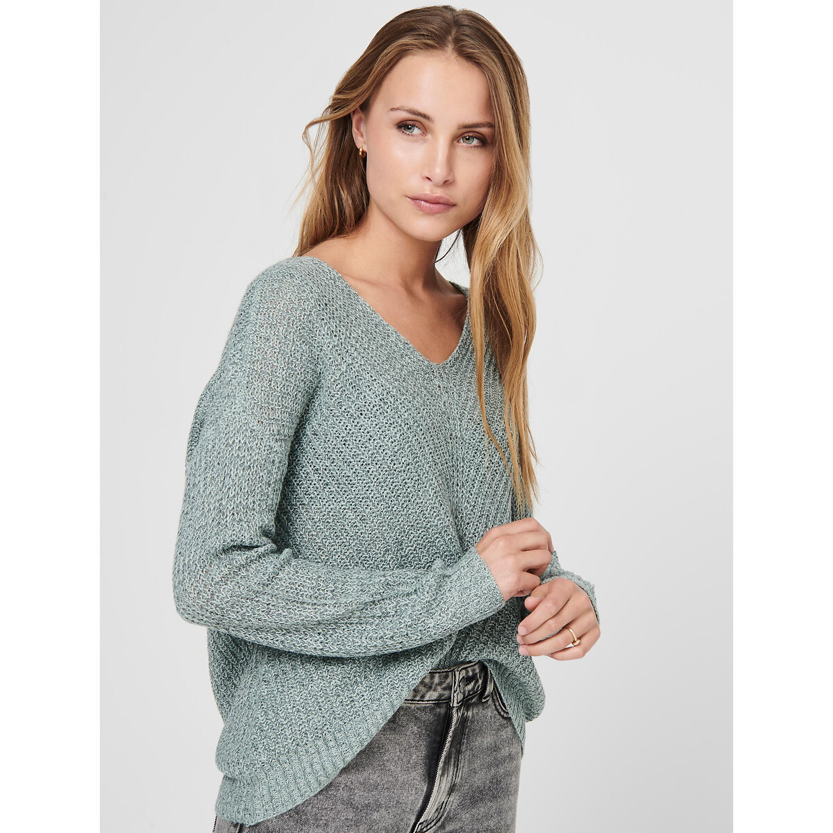 Pullover mit V-Ausschnitt, Grobstrick wassergrün, JDY