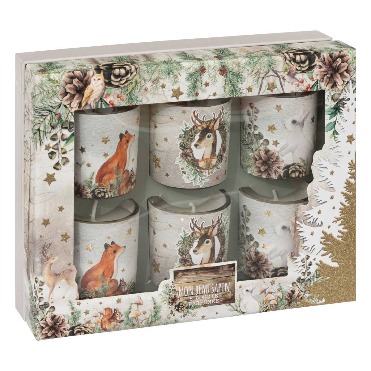 Bougie parfumée photophore bois 45g x6 blanc, FEERIC LIGHTS & CHRISTMAS