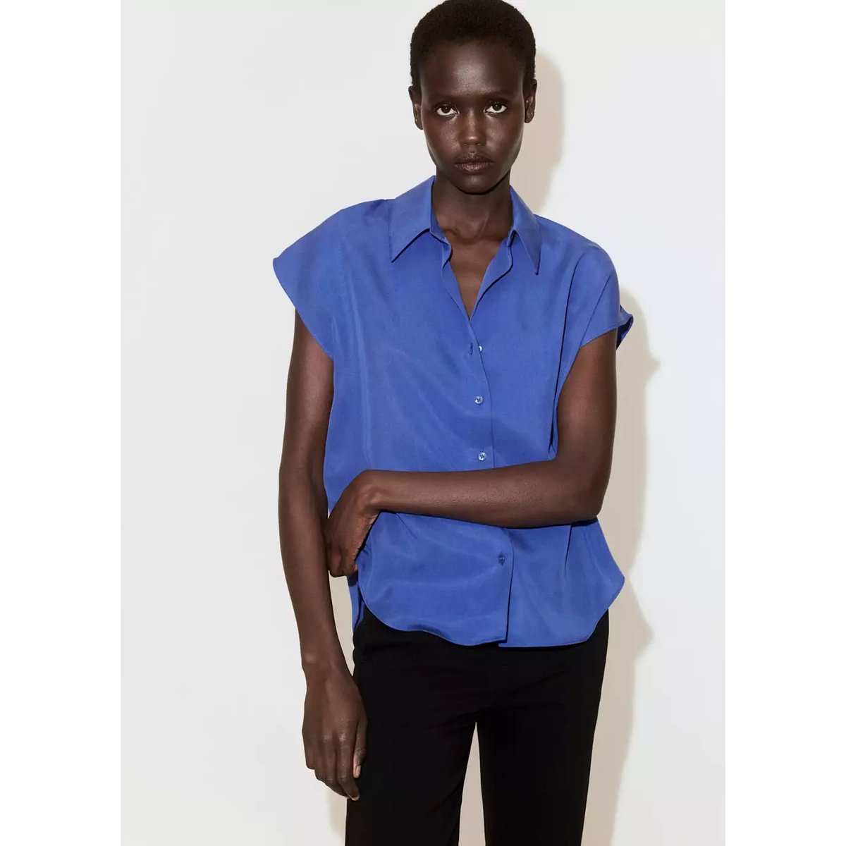 Chemise Lyocell manches courtes bleu, MANGO