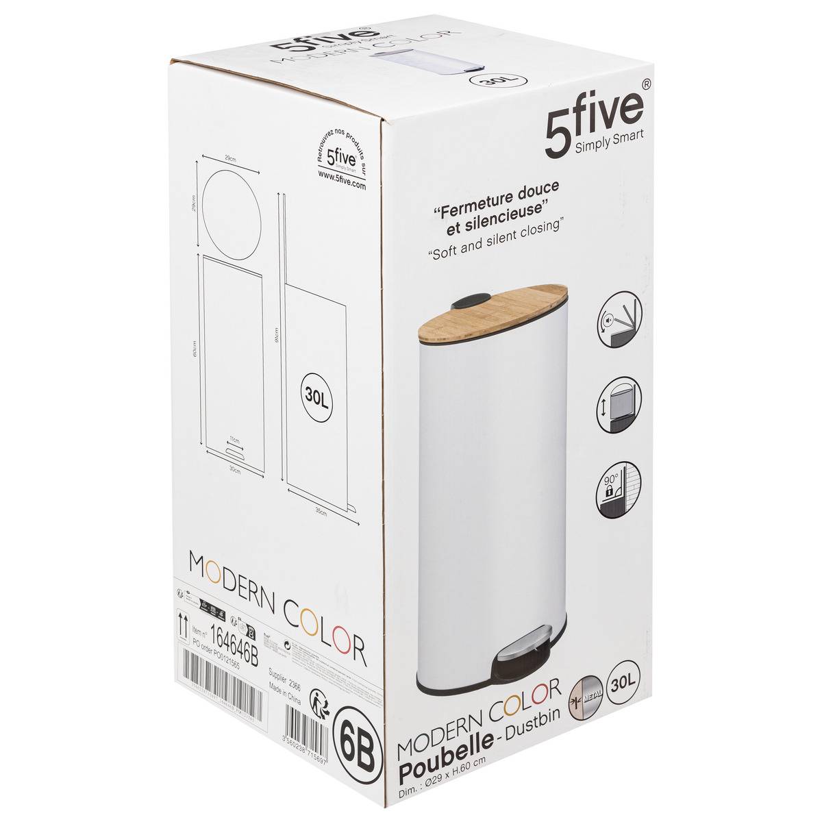 Poubelle de cuisine à pédale 30L avec couvercle en bambou MODERN COLOR blanc, 5FIVE SIMPLY SMART