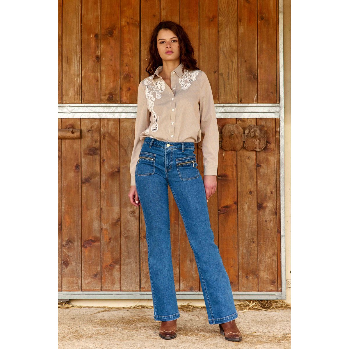 Chemisier manches longues col chemise imprimé à rayures CLEMA 15-ecru/camel, LA PETITE ETOILE