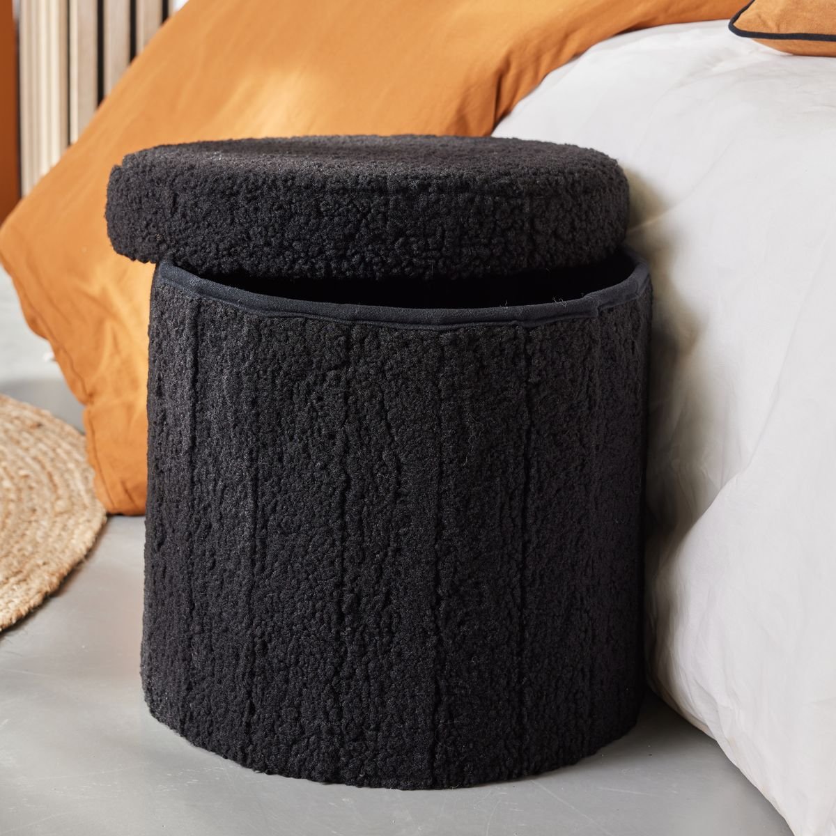 Pouf coffre rond en tissu bouclette MOKA noir, FACTORY