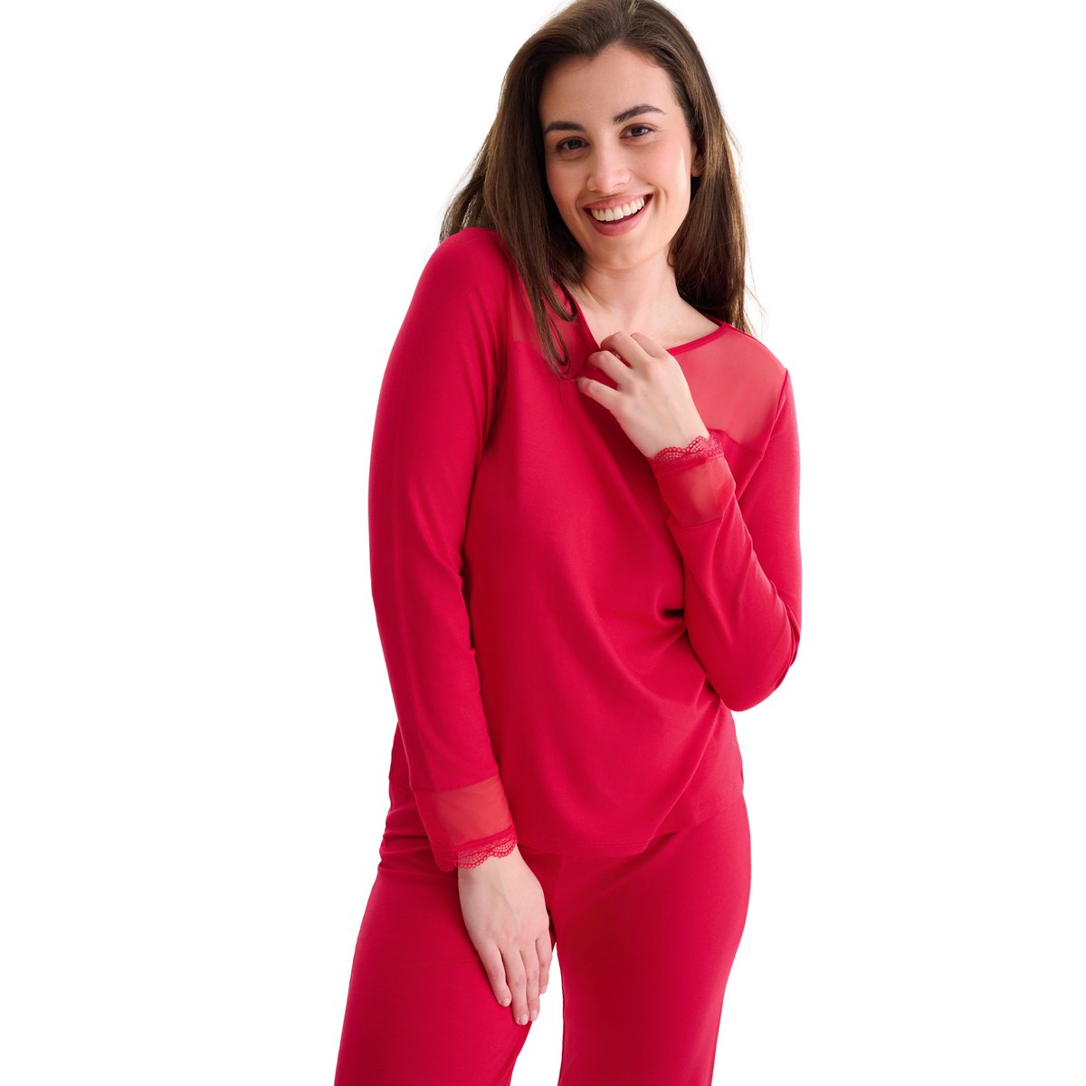 Pyjama pantalon top manches longues ROXANNE rouge, LISCA