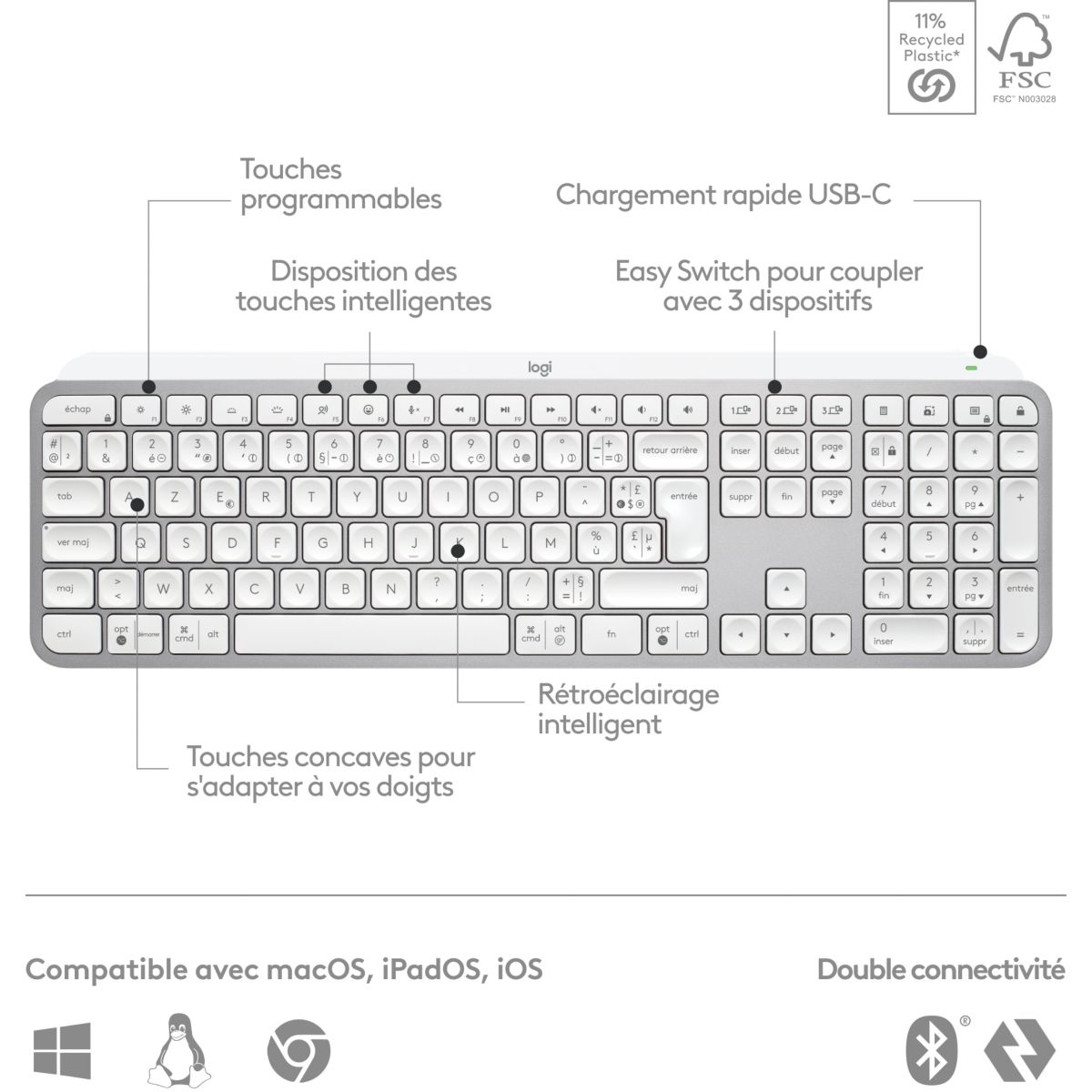 Clavier sans fil MX Keys S Silencieux Pale Grey couleur unique, LOGITECH