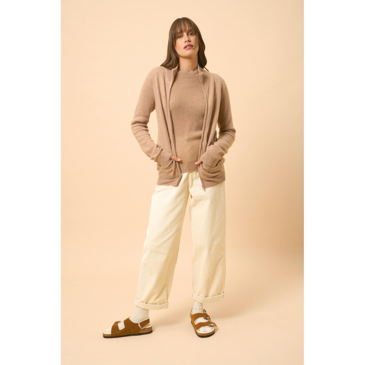 Gilet Zippé Col Montant Camel Chiné Ayr camel chiné, JUST CASHMERE