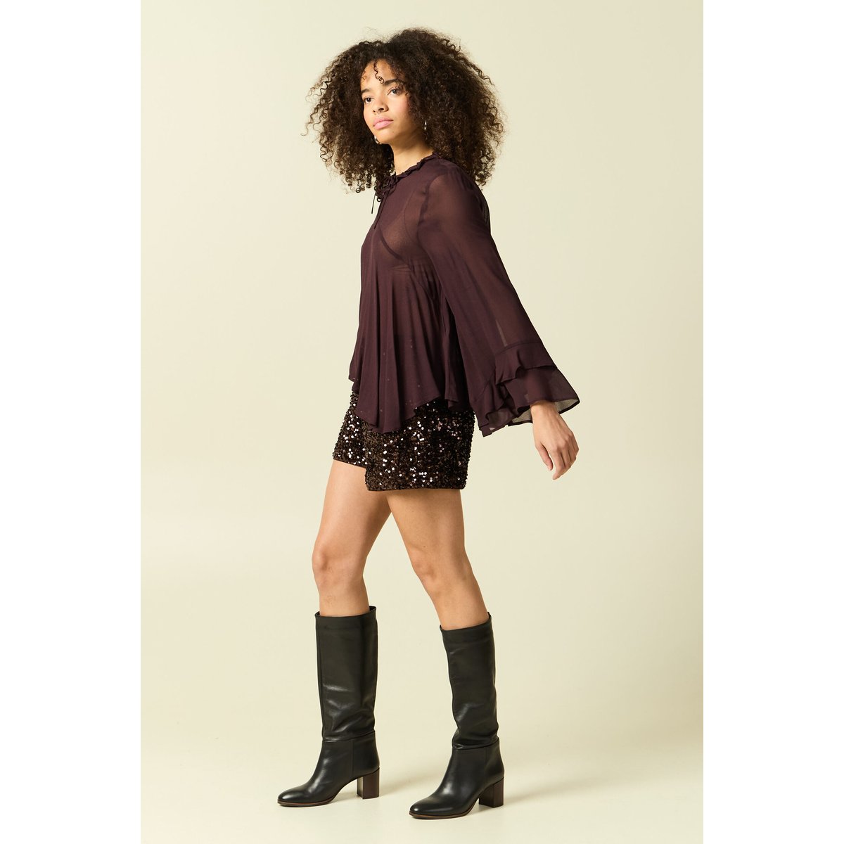 Blouse manches longues col ras de cou marron foncé, BONOBO