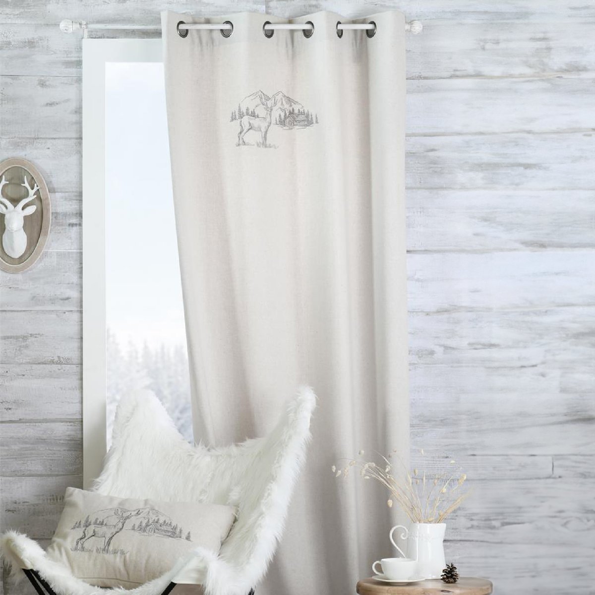 Rideau cerf esprit chalet - Effet laine brodé naturel, LOVELY CASA