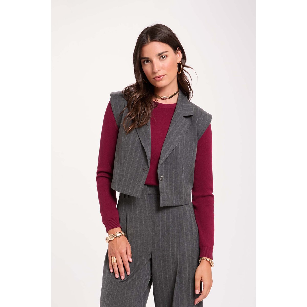 Gilet rayé sans manches denim gris fonce, MORGAN