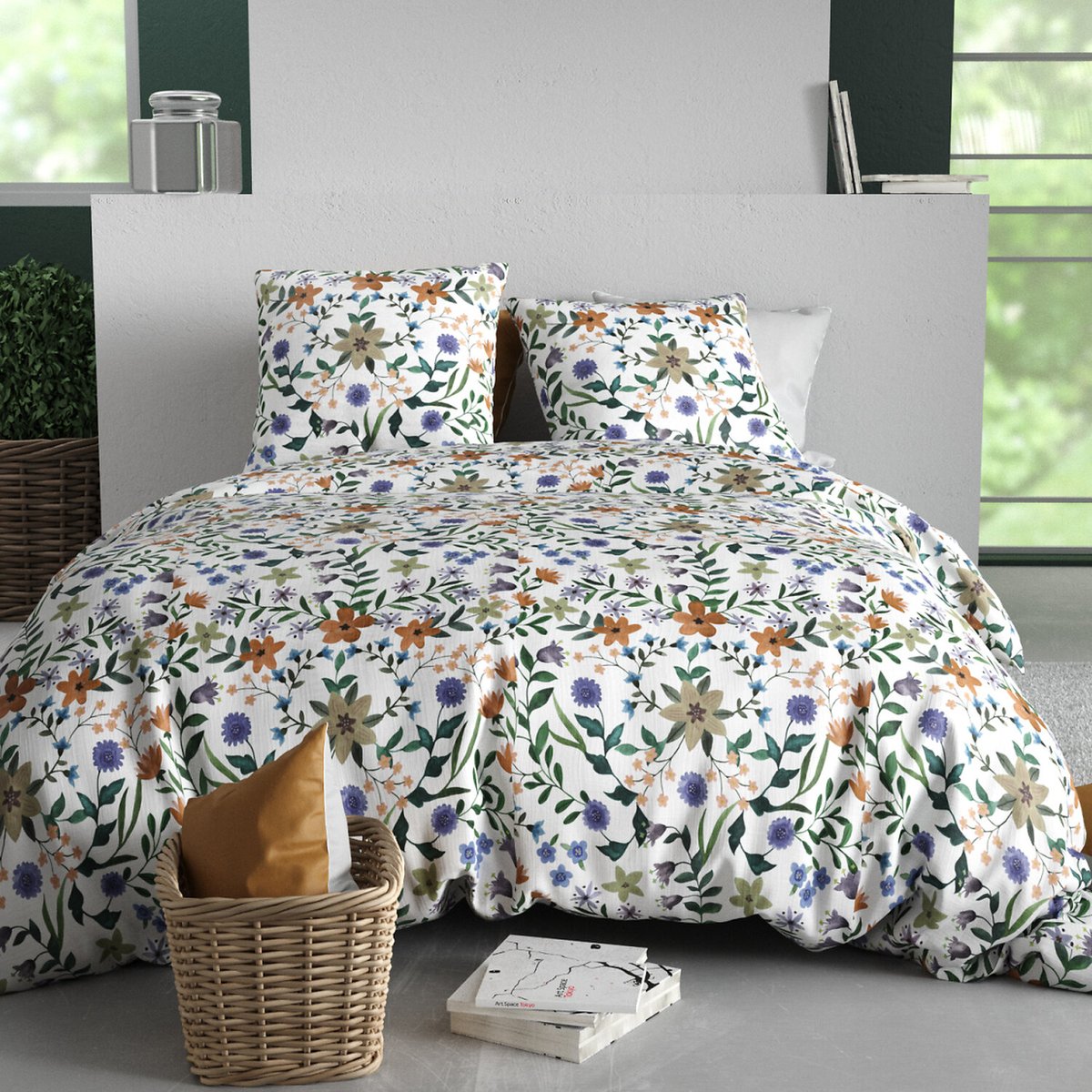 Paure coton imprimée couette et 2 taies, VEITCHS vert, ATELIER DU COTON