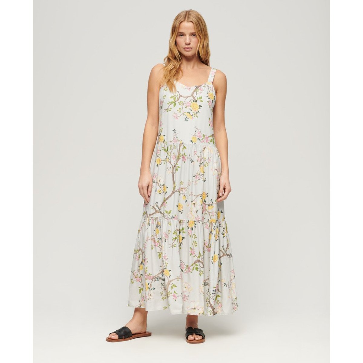 Robe longue tissée à volants gris oiseau fleuri, SUPERDRY