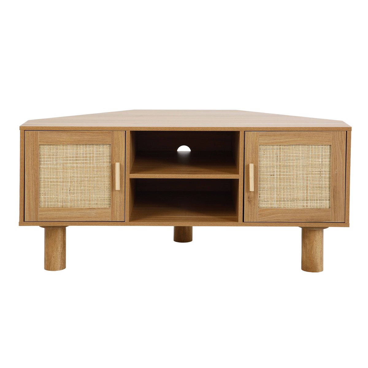 Meuble TV d'angle effet bois et cannage 120 cm en rotin synthétique style bohème, ADAM bois clair, OVIALA
