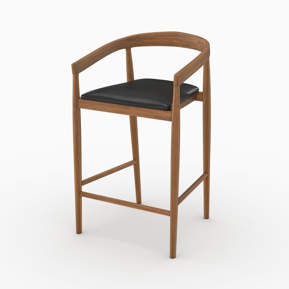 Lot de 2 chaises de bar 77 cm en bois de teck vernis et assise en cuir - BALI noir, MAISON PAVANE