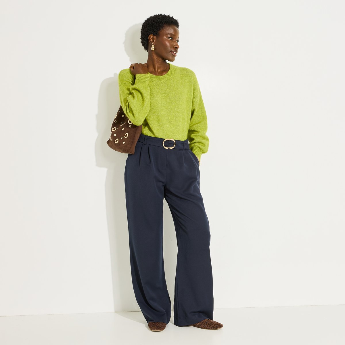 Pantalon large avec ceinture bleu marine, GRAIN DE MALICE