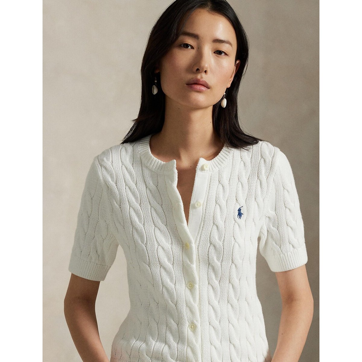 Short Sleeve Cardigan in Cable Knit white, POLO RALPH LAUREN