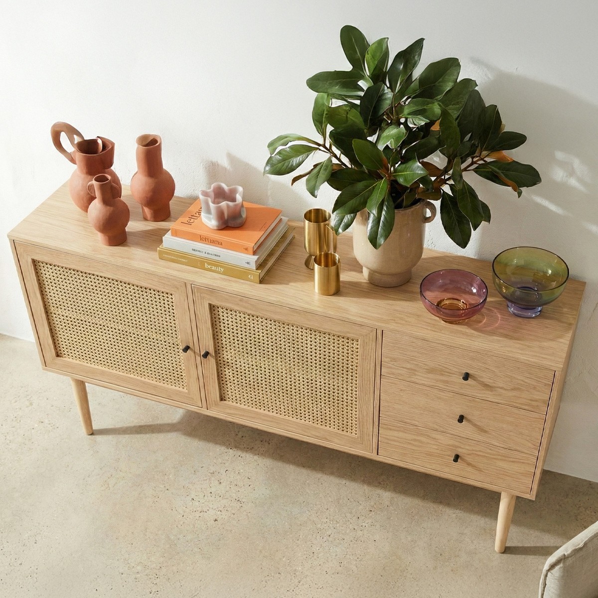 Buffet 2 portes 3 tiroirs en cannage et bois - EDEN naturel, HOMIFAB